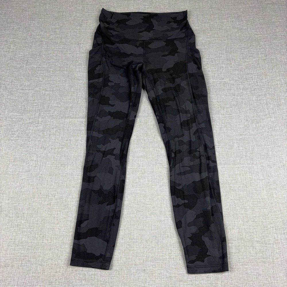 Lululemon Leggings Womens 8 Black Camo High Rise Ankle Pockets Yoga Gym Workout